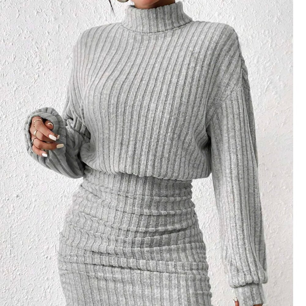 Commense Mock Neck Ribbed Short Dress - Picture 3 of 12